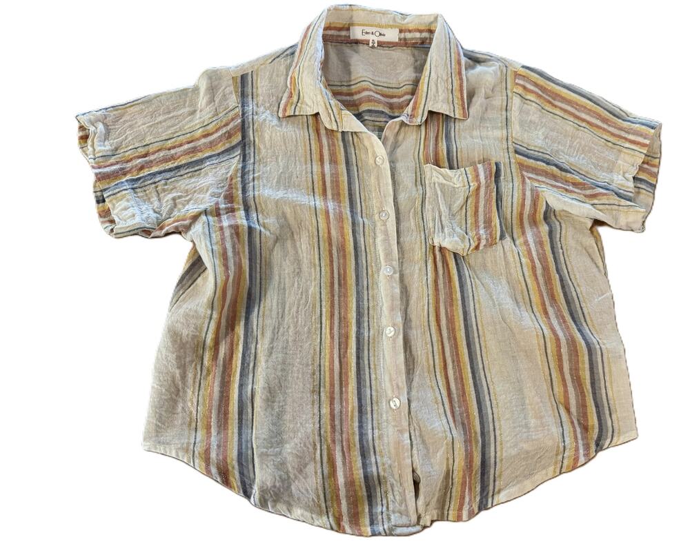 Eden & Olivia Women’s XL Striped Button Down Shirt Metallic Linen Look